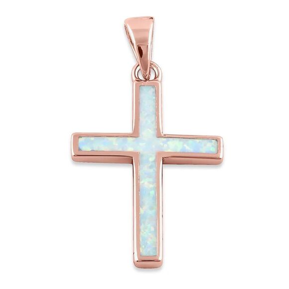 Rose Gold White Lab Opal Cross Necklace Pendant New - Picture 2 of 4